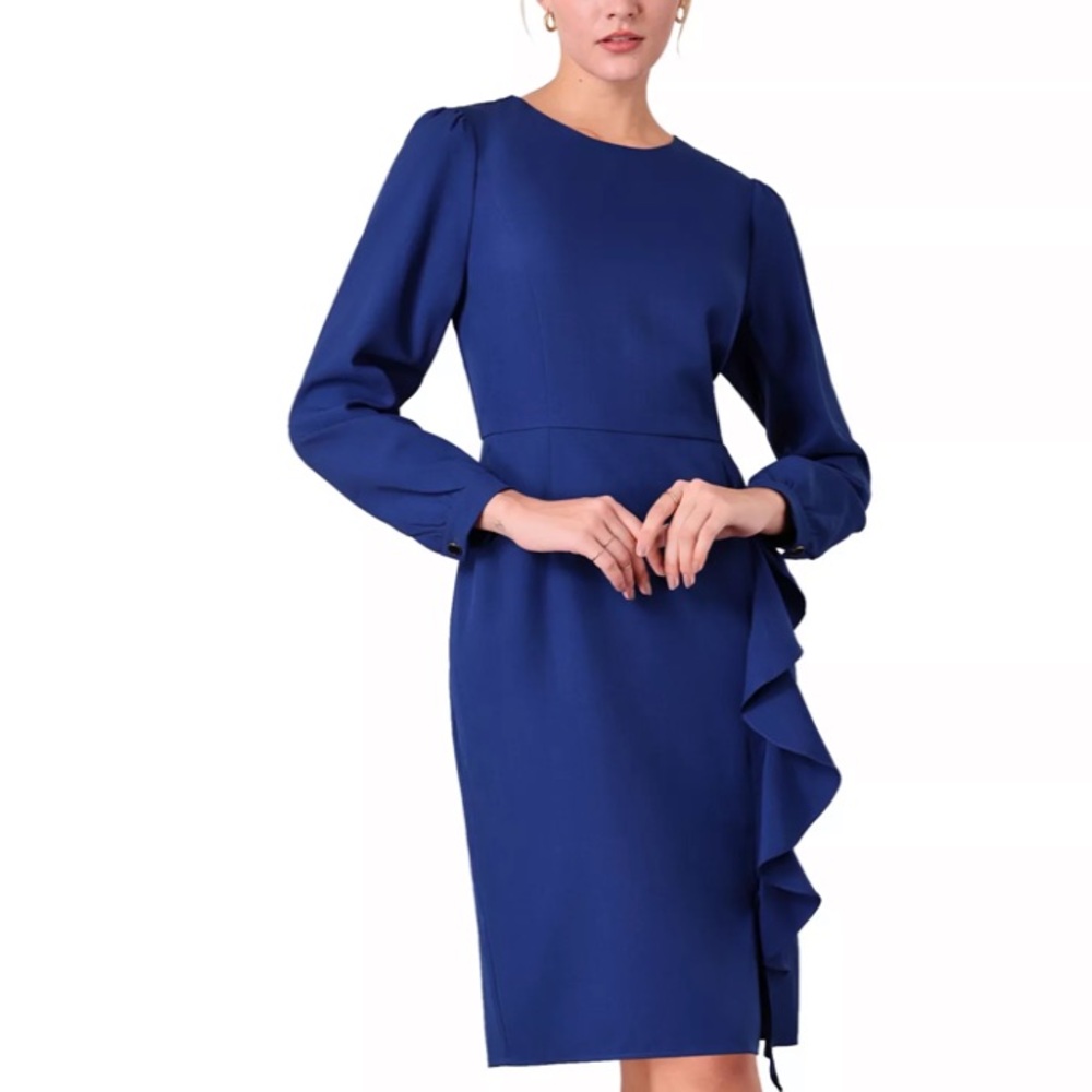 Elegant Blue Long Sleeve Dress by Hobemty